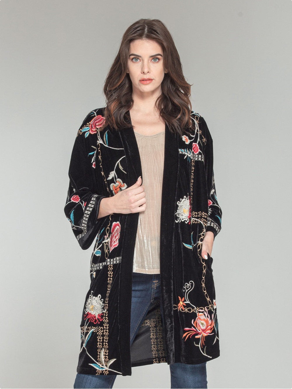 Black Embroidered Velvet Open-Front Kimono Cardigan